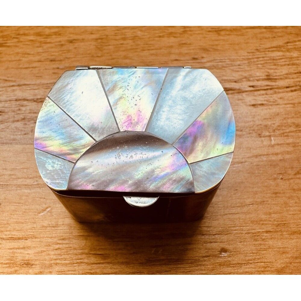 Beautiful Abalone Mother Of Pearl Small Trinket Jewelry Snuff Box Stainless VTG